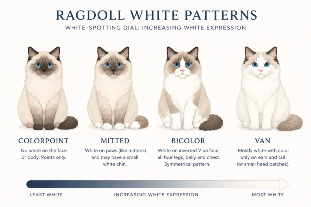  Diagram comparing colorpoint, mitted, bicolor and van white patterns